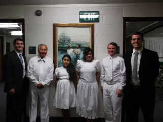 Elder Hatch, Presidente Licon (former branch president), Isabel (she doesn't talk, but was pretty excited to be baptized! It made the interview a little intersting, but with the help of a white board we got it done!), Jessica, Presidente Garcia (branch president), me
