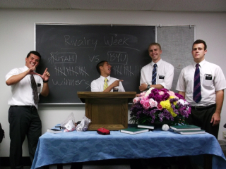 We played scripture chase for district meeting, Holy War style. The Utes won in the most ridiculous way.. .we combined it with paper toss into the garbage can. They got lucky!